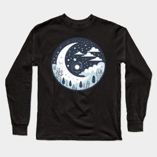 Whimsical Moonlit Night Circular Scene - Enchanting Night Sky with Stars and Clouds Long Sleeve T-Shirt